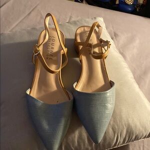 Journee Collection Blue and Tan Heels with Elegant Straps